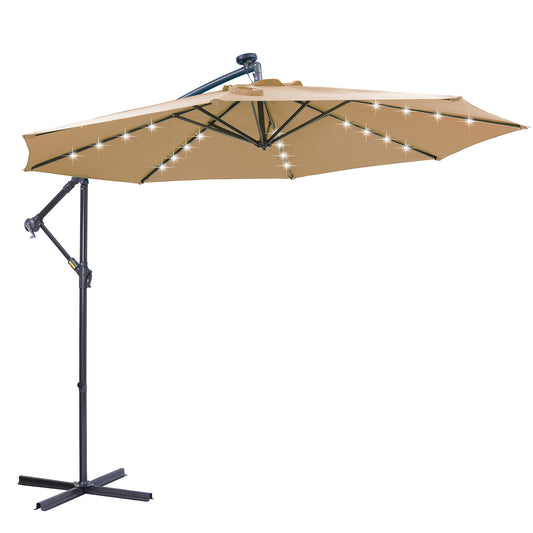 10 FT Solar LED Patio Outdoor Umbrella with 32 LED Lights - Taupe | Easy Open Adjustment | Hanging Cantilever Offset Umbrella