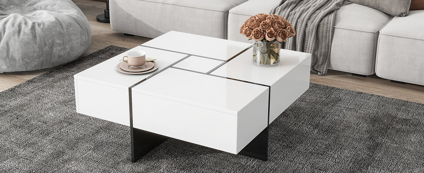 ON-TREND Coffee Table with 4 Hidden Storage Compartments, Extendable Sliding Tabletop, UV High-gloss Design for Living Room, 31.5"x 31.5"