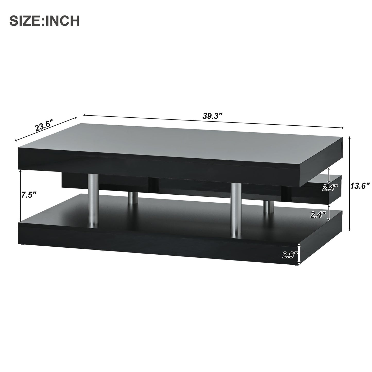 ON-TREND 2-Tier Coffee Table, Silver Metal Legs, High-gloss UV Surface, Minimalist Design, Living Room Center Table, Black Rectangle Cocktail Table