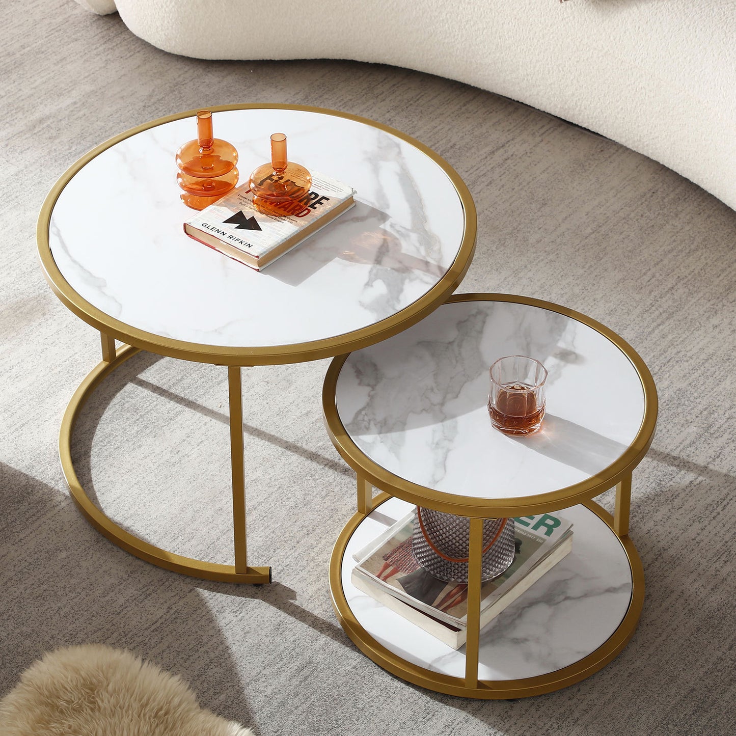 Marble Pattern MDF Top, Gold Metal Frame Nesting Coffee Table Set of 2 - Modern Style, Elegant Design, Space-saving Solution, Black & White Colors, Various Sizes Available