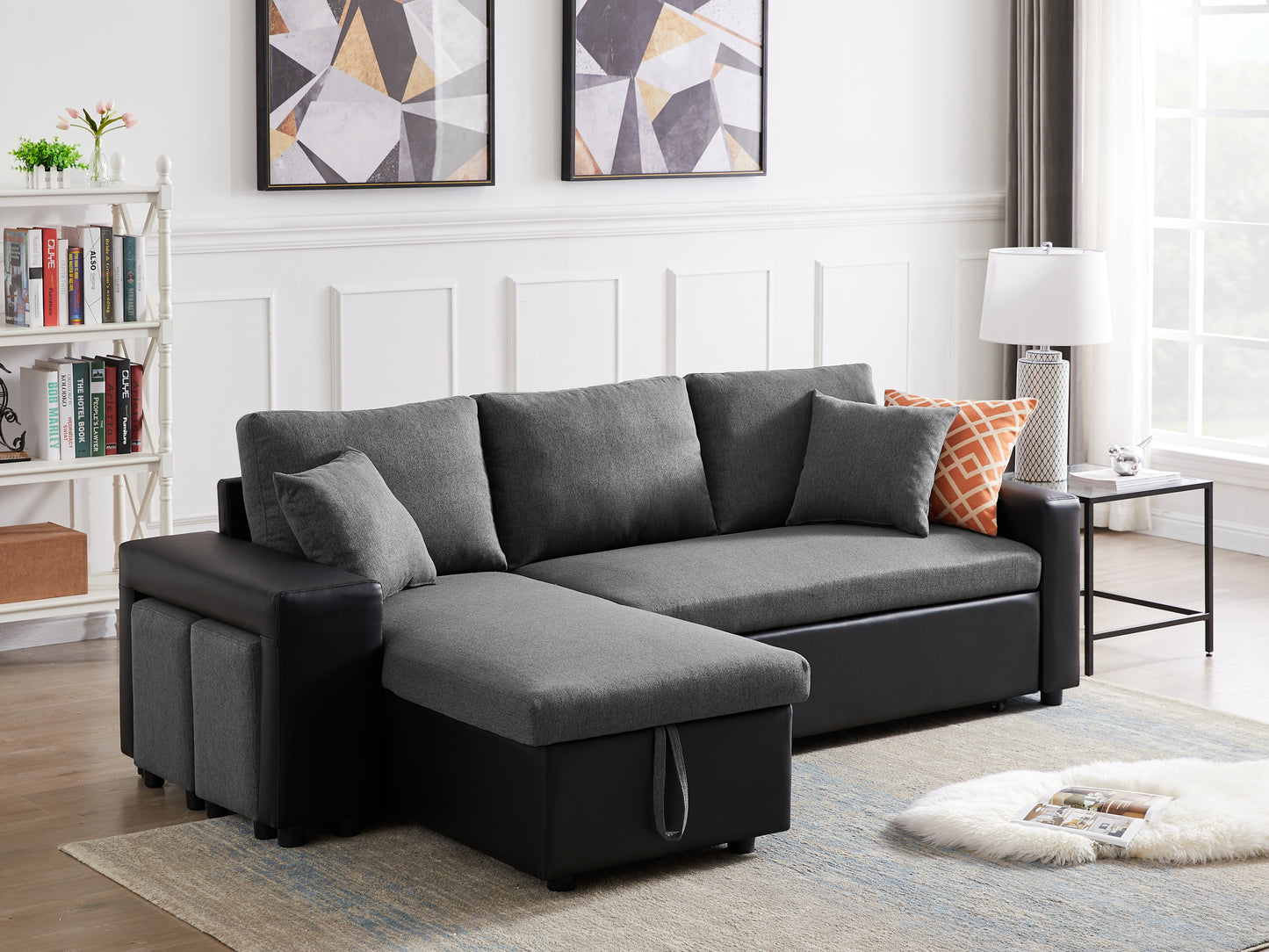 Linen Reversible Sleeper Sectional Sofa with Storage: Artemax 92.5" - Steel Gray, Includes 2 Stools