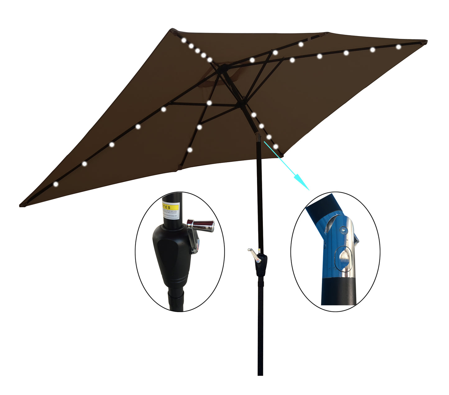 10 x 6.5t Rectangular Patio Umbrella - Solar LED Lighted Outdoor Market Table Waterproof Umbrellas - Crank, Push Button Tilt - Garden Deck Backyard Pool Shade - Outside Deck Swimming Pool - Black