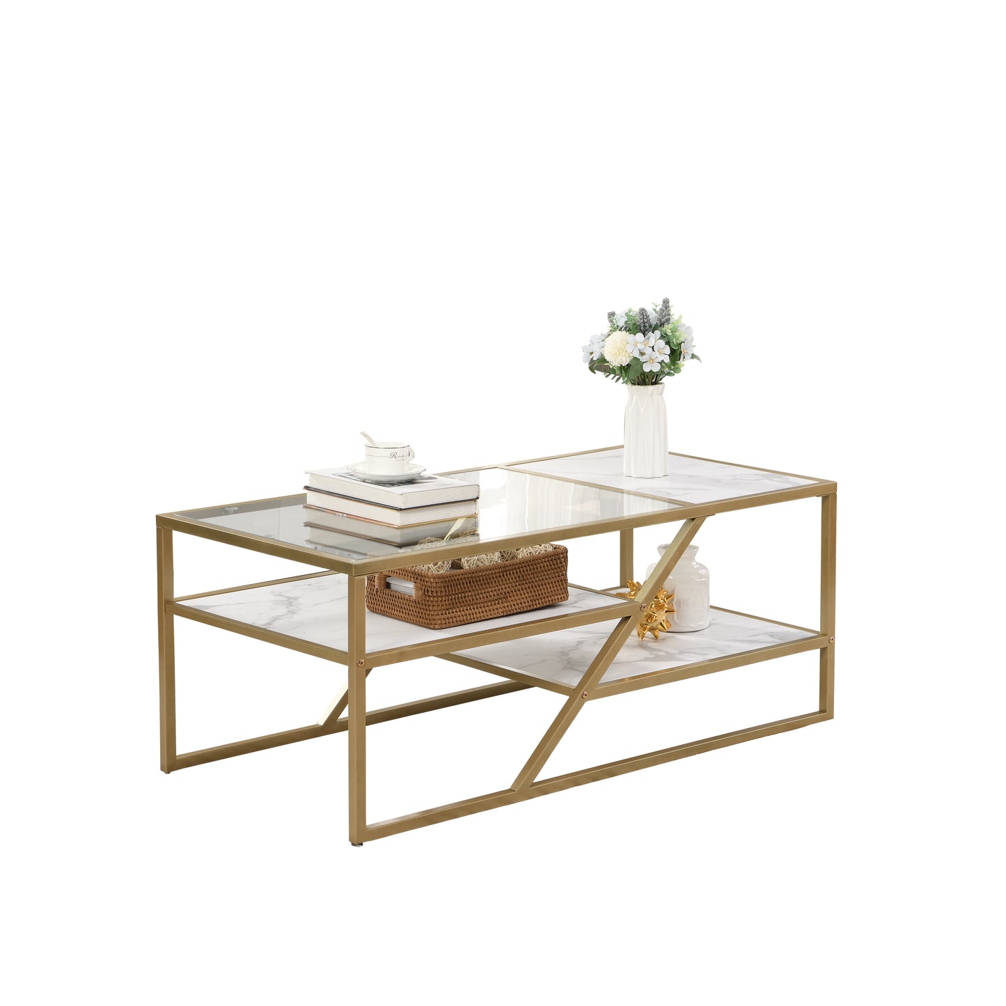 Golden Coffee Table with Storage Shelf - Tempered Glass & Metal Frame - Ideal for Living Room & Bedroom - Stylish and Functional Furniture for Home Décor - Available in Various Sizes and Colors