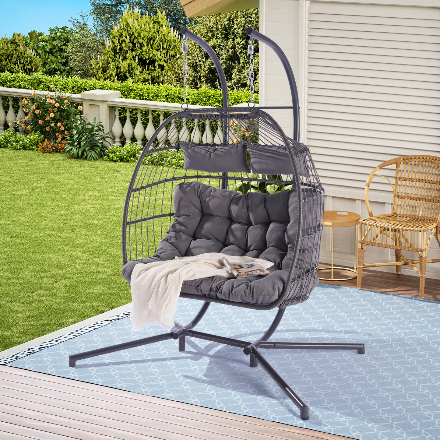 2 Person Outdoor Rattan Hanging Chair: Weatherproof, Durable, Comfortable Design with Cushions - Ideal for Relaxation in Garden and Outdoor Spaces - Multiple Color Options, Compact Size