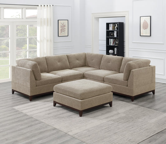 Camel Chenille Fabric Modular Sectional 6pc Set - Corner Sectional Couch with 3x Corner Wedge, 2x Armless Chairs, and 1x Ottoman Tufted Back - Living Room Furniture