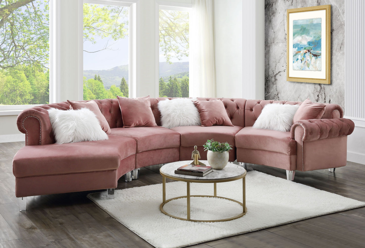 ACME Ninagold Sectional Sofa | Pink Velvet | 7 Pillows | 57360