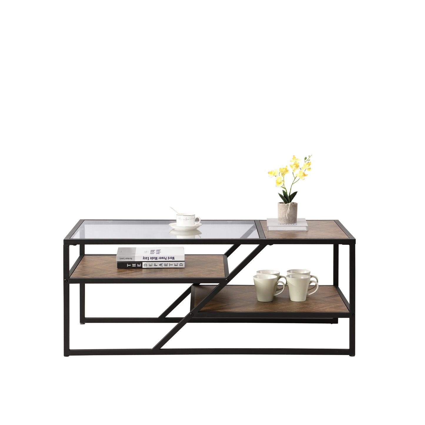 Black Coffee Table with Storage Shelf, Tempered Glass & Metal Frame for Living Room & Bedroom - Stylish, Functional Furniture for Home Décor