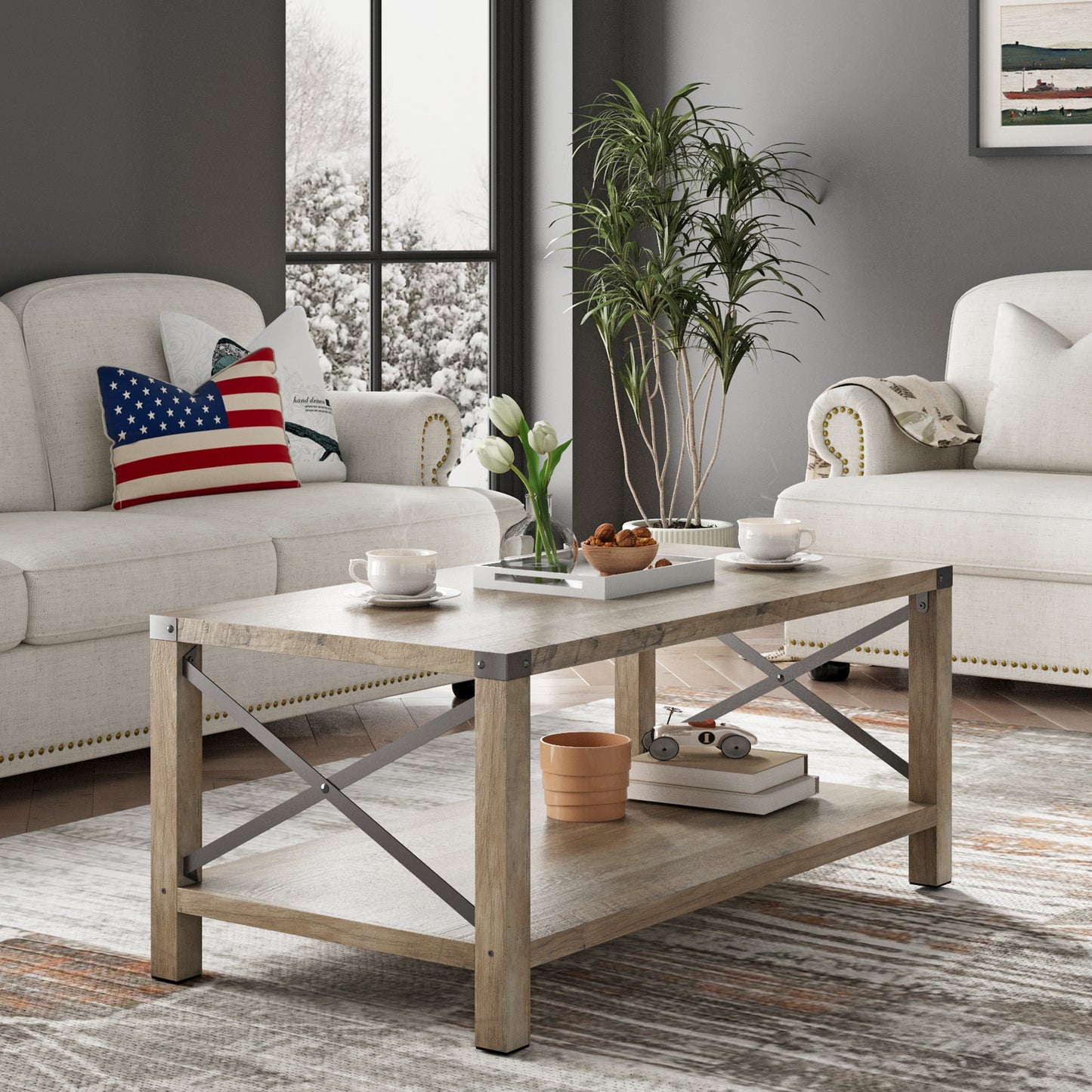 JHX 2-Tier Modern Farmhouse Coffee Table | Wood Rectangle Cocktail Table with Metal X-Frame | Gray, 40.94" w x 21.65" d x 17.91" h