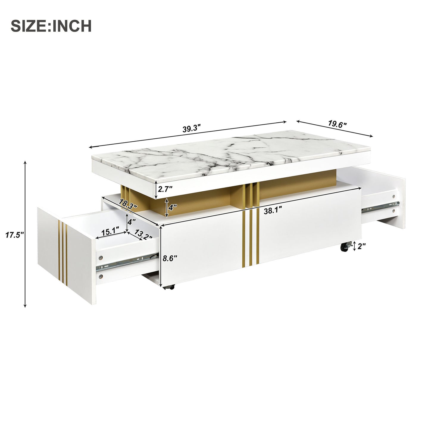 ON-TREND Contemporary Coffee Table, Rectangle Cocktail Table with Caster Wheels, Moderate Luxury Center Table with Gold Metal Bars, White Faux Marble Top, for Living Room