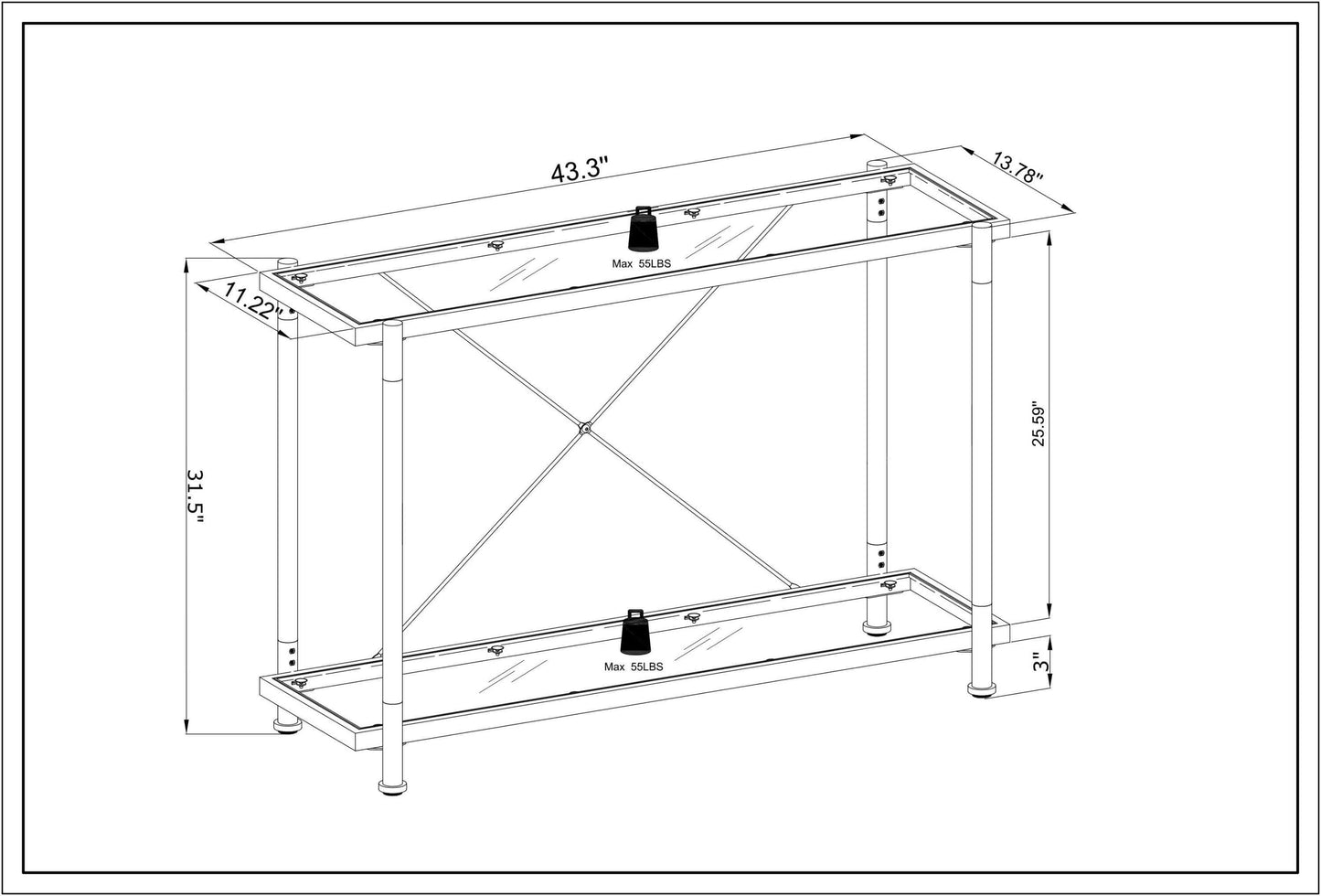 43.31'' Chrome Glass Sofa Table: Acrylic Side Console for Living Room & Bedroom - Elegant and Versatile Furniture Piece with Generous Size