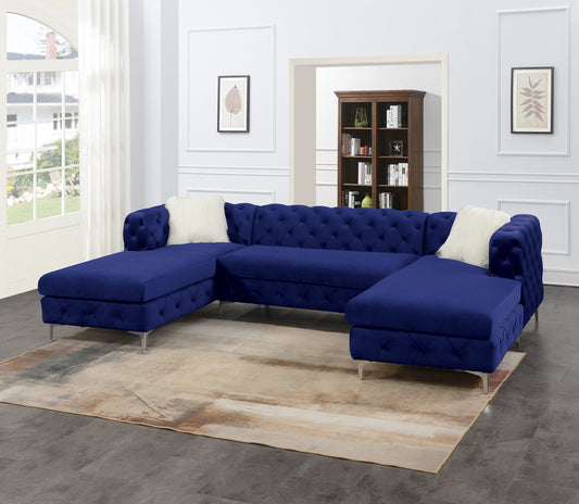 Gorgeous U-Sectional Indigo Velvet Tufted Cushion Couch with LAF and RAF Chaise Armless Loveseat - Elegant and Comfortable Living Room Furniture