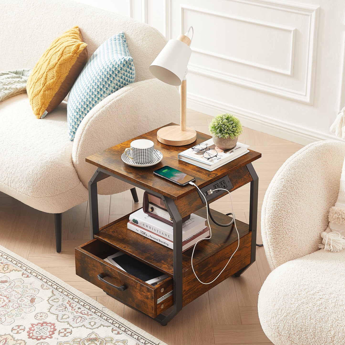 End Table with Charging Station, Drawers & Bedside Functionality for Bedroom - Rustic Brown, 17.3’’W*17.9’’D*21.2’’H