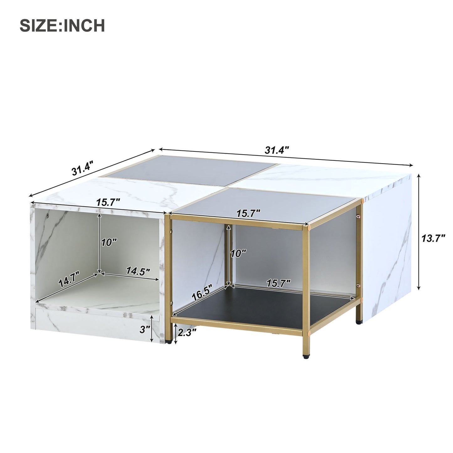 Modern 2-Layer Coffee Table with Metal Frame, High Gloss White Marble Finish | Simply Assemble, Square Corner Tables for Living Room | 31.5”x 31.5”