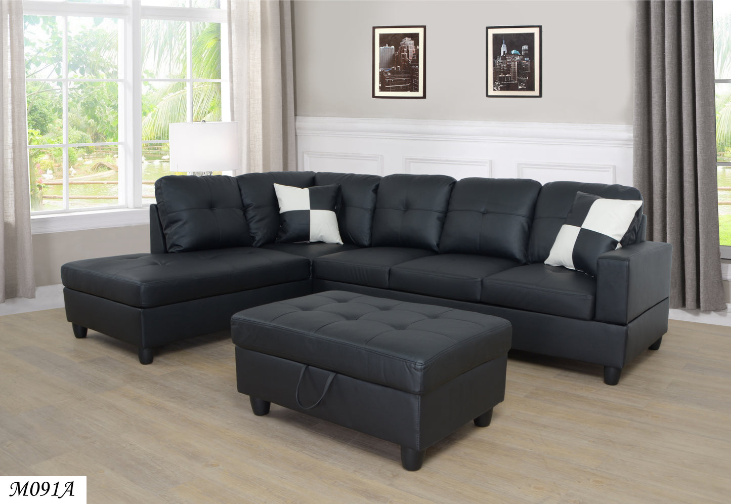 3 Piece Modular Sofa Set - Black Faux Leather Right Side Lounger with Free Storage Footrest: Stylish, Versatile, and Space-Saving Solution