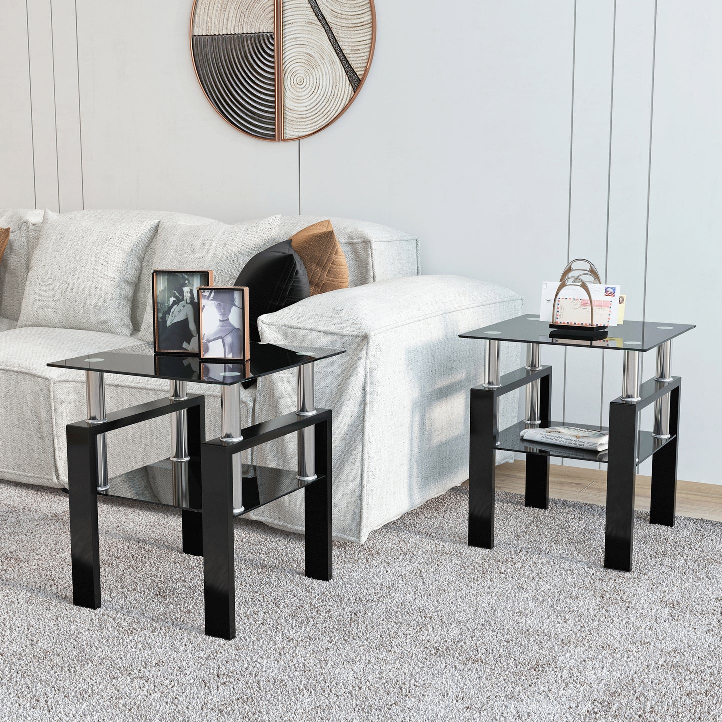 Set of 2 Modern Tempered Glass Tea Table Coffee Table End Table for Living Room, Black, Square