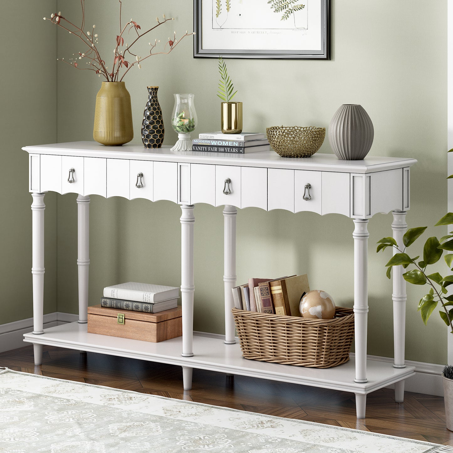 U-Style Console Table with 4 Front-Facing Storage Drawers and 1 Shelf – Ideal for Hallway, Living Room, or Bedroom – Classic Design with Ample Storage Space – Available in Various Colors and Sizes