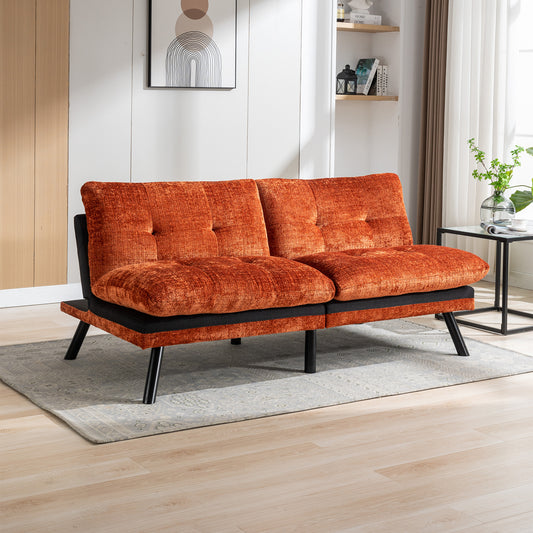 Convertible Sofa Bed Loveseat Futon Bed Breathable Adjustable Lounge Couch with Metal Legs - Compact Living Space Chenille-Orange