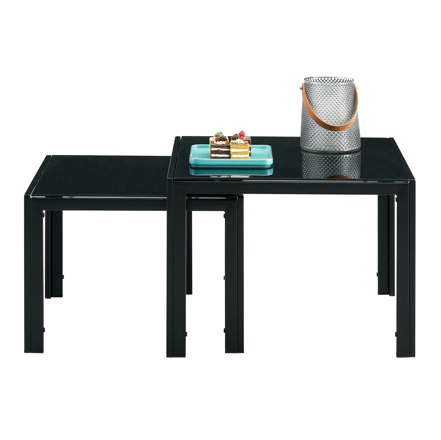 Nesting Coffee Table Set of 2, Square Modern Stacking Table with Tempered Glass Finish, Ideal for Living Room Décor, Black