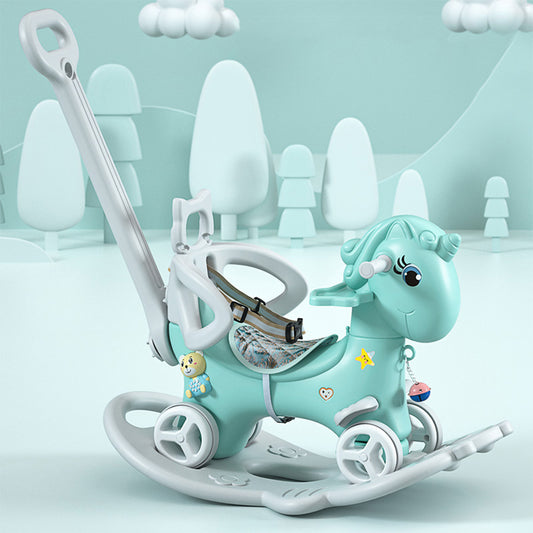 Rocking Horse for Toddlers, Balance Bike Ride On Toy with Push Handle, Backrest & Balance Board. Unicorn Kids Blue Color. Ideal for Baby Girl and Boy.