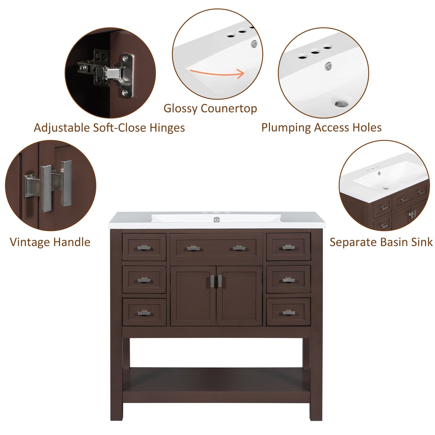 36'' Bathroom Vanity with Top Sink, Modern Storage Cabinet, Soft Closing Doors & 6 Drawers, Brown MDF Material