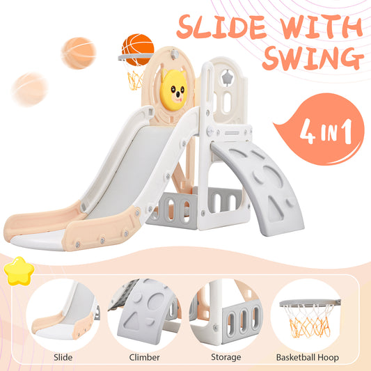 Toddler Climber and Slide Set 4 in 1, Kids Playground Climber Freestanding Slide Playset with Basketball Hoop Play Combination for Babies Indoor & Outdoor - Durable, Fun, and Versatile Play Equipment for Active Little Ones