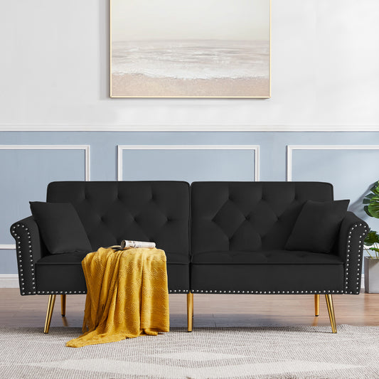 Modern Velvet Tufted Sofa Couch with 2 Pillows and Nailhead Trim, Loveseat Sofa Bed with Metal Legs in Multiple Colors and Sizes for Living Room