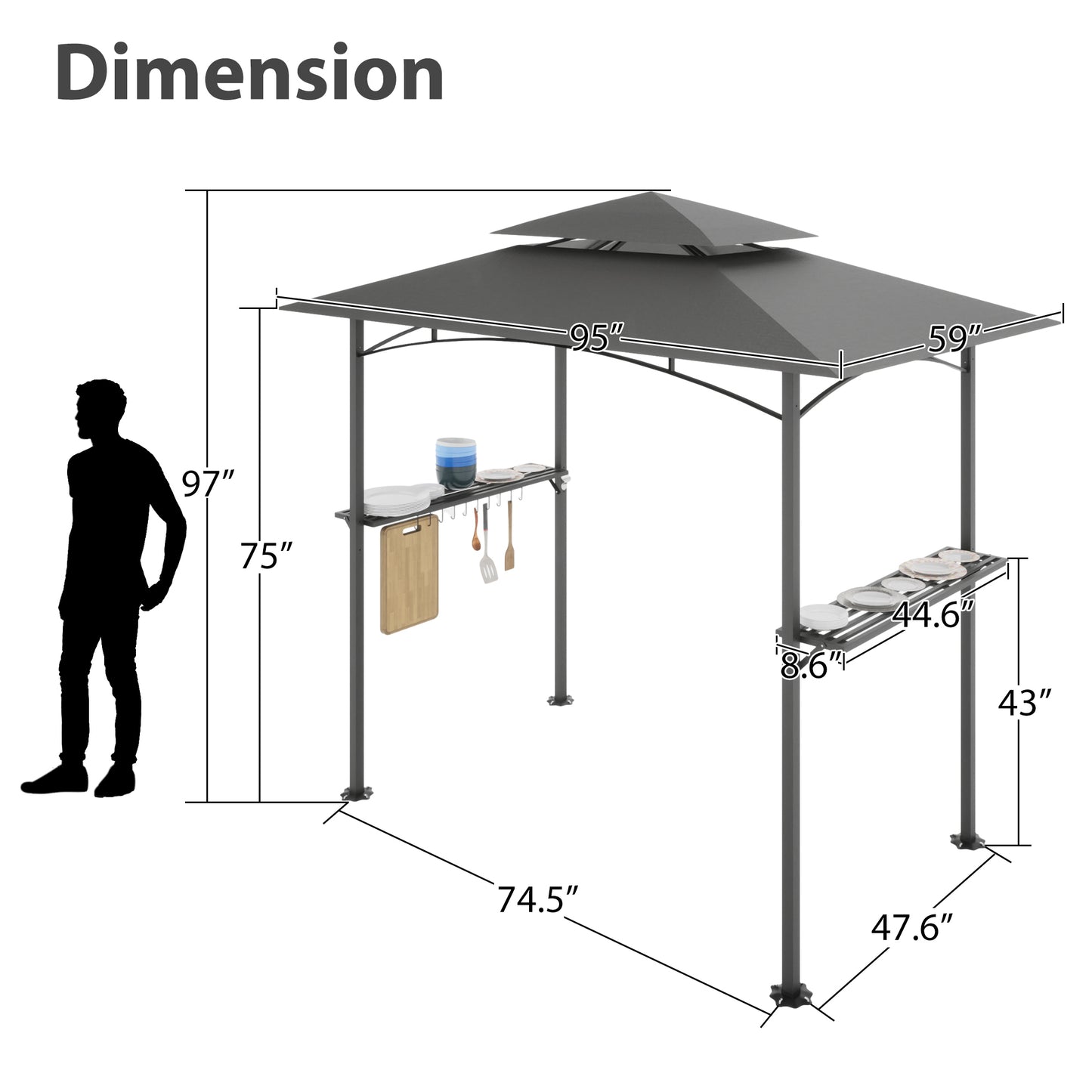 8x 5 FT Grill Gazebo Double Tiered BBQ Canopy, Gray - Outdoor BBQ Canopy for Grilling