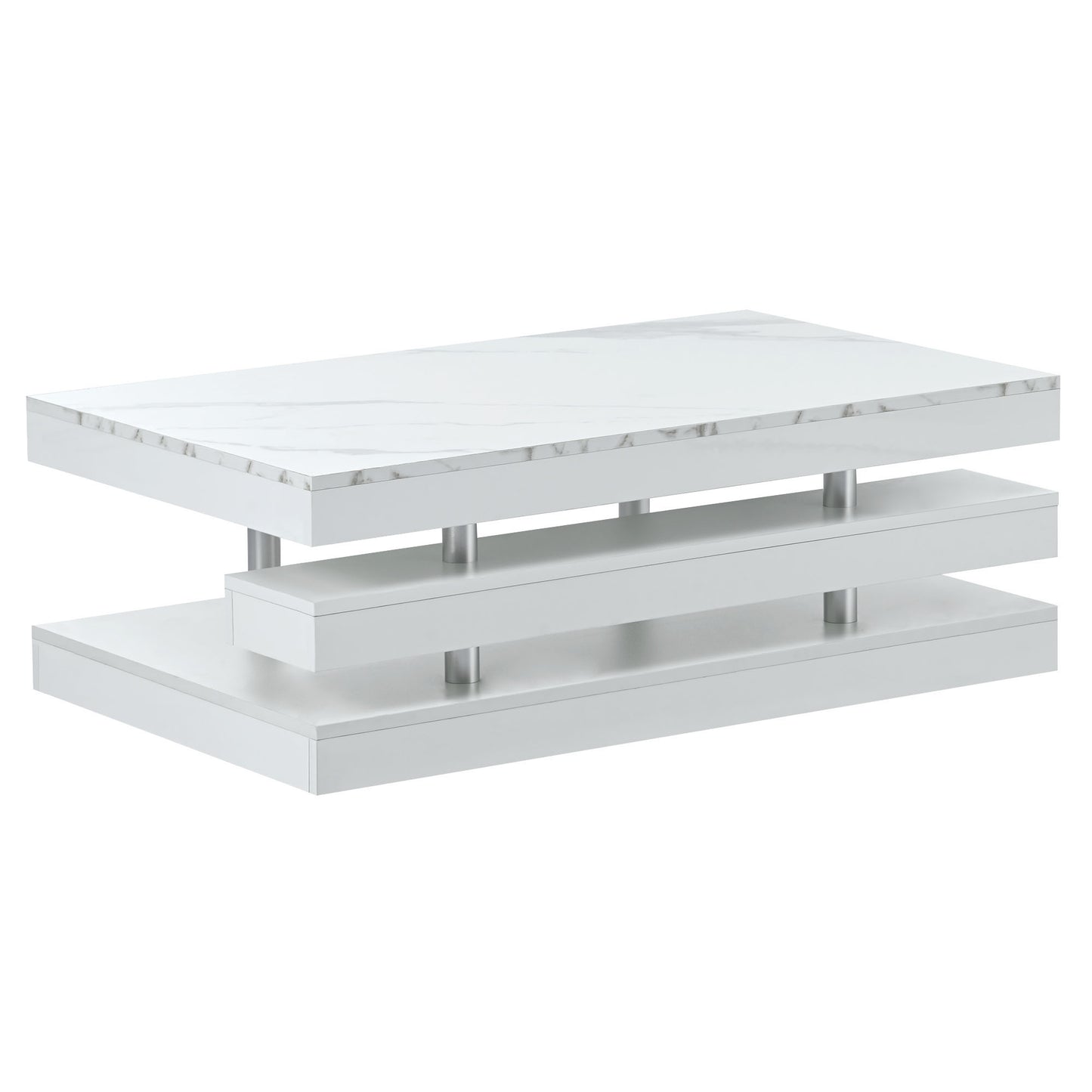 ON-TREND 2-Tier Coffee Table: Silver Metal Legs, Rectangle Cocktail Table with High-gloss UV Surface, Minimalist Design Center Table for Living Room, White