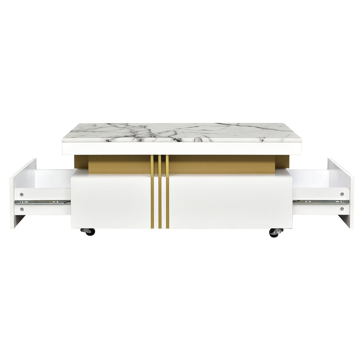 ON-TREND Contemporary Coffee Table, Rectangle Cocktail Table with Caster Wheels, Moderate Luxury Center Table with Gold Metal Bars, White Faux Marble Top, for Living Room