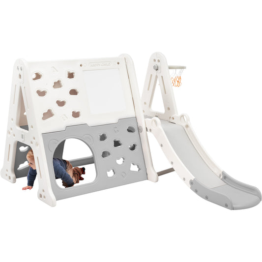 7-in-1 Toddler Climber and Slide Set - Kids Playground Climber Slide Playset with Tunnel, Whiteboard, Building Block Baseplates, and Basketball Hoop Combination - White, Compact Size