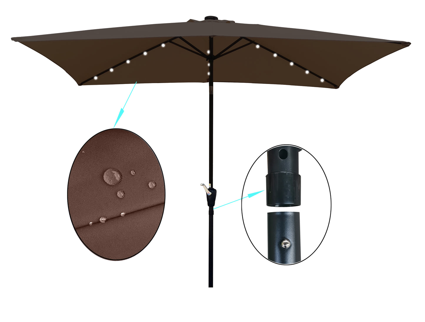 10 x 6.5t Rectangular Patio Umbrella - Solar LED Lighted Outdoor Market Table Waterproof Umbrellas - Crank, Push Button Tilt - Garden Deck Backyard Pool Shade - Outside Deck Swimming Pool - Black