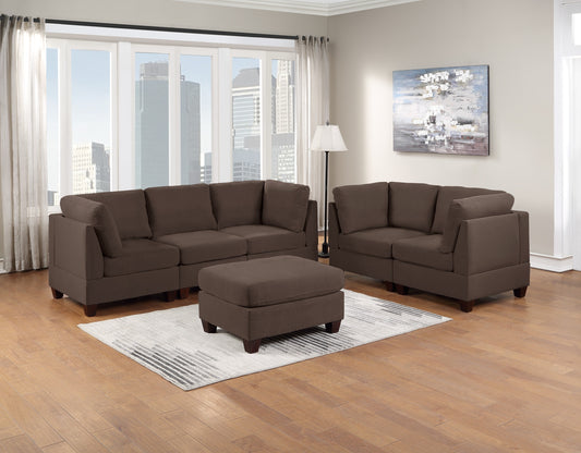 Modular 6pc Sofa Set: Living Room Furniture, Loveseat, Couch, Black Coffee Linen-Like Fabric, 4x Corner Wedge, 1x Armless Chair, 1x Ottoman