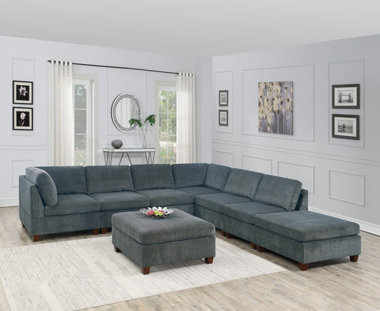 Living Room Grey Chenille Modular Sectional Set: Large L-Sectional Modern Couch with Corner Wedges, Armless Chairs, and Ottomans - Plywood Construction