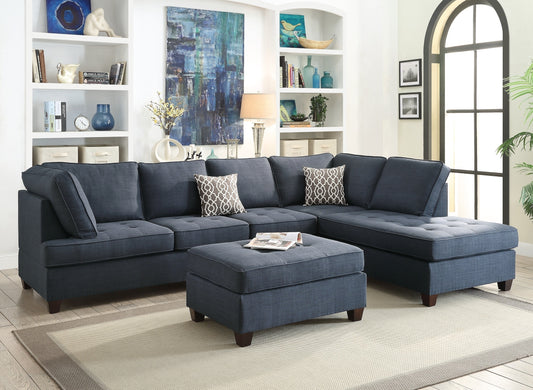 2pc Reversible Chaise Dark Blue Dorris Fabric Sectional Sofa Set: Living Room Furniture Couch