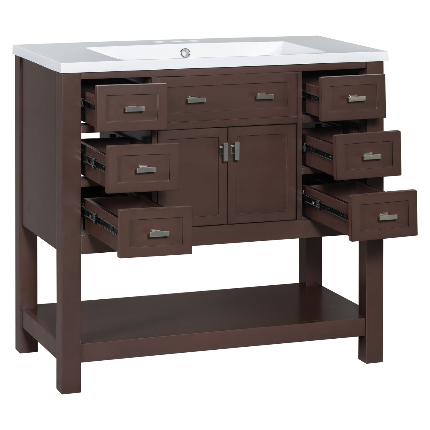 36'' Bathroom Vanity with Top Sink, Modern Storage Cabinet, Soft Closing Doors & 6 Drawers, Brown MDF Material