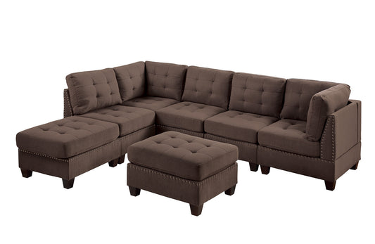 Contemporary Modular Sectional 7pc Set: Black Coffee Linen Like Fabric, Tufted Nail heads, Corner L-Sectional, 2x Corner Wedge, 3x Armless Chair, 2x Ottoman