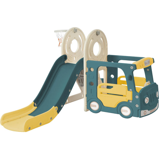 Kids Slide with Bus Play Structure, Freestanding Toy for Toddlers, Slide Set with Basketball Hoop - Fun Slide for Active Play, Includes Bus Theme Features, Suitable for Indoor and Outdoor Use, Available in Various Colors and Sizes