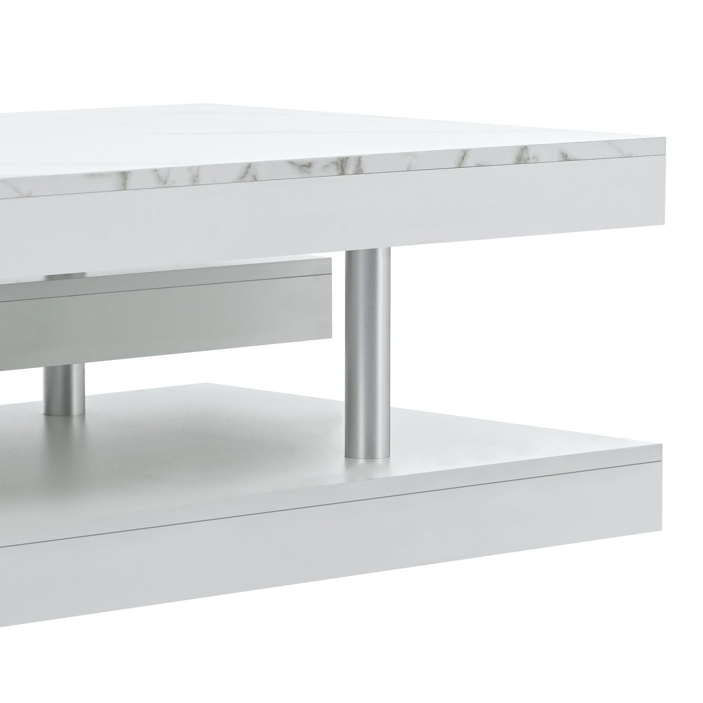 ON-TREND 2-Tier Coffee Table: Silver Metal Legs, Rectangle Cocktail Table with High-gloss UV Surface, Minimalist Design Center Table for Living Room, White