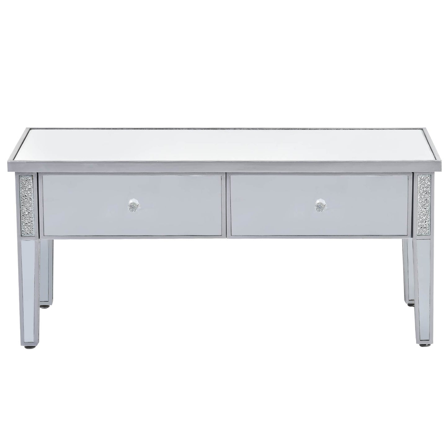 ON-TREND Glass Mirrored Coffee Table with 2 Drawers, Crystal Handles & Adjustable Height Legs for Living Room, Silver