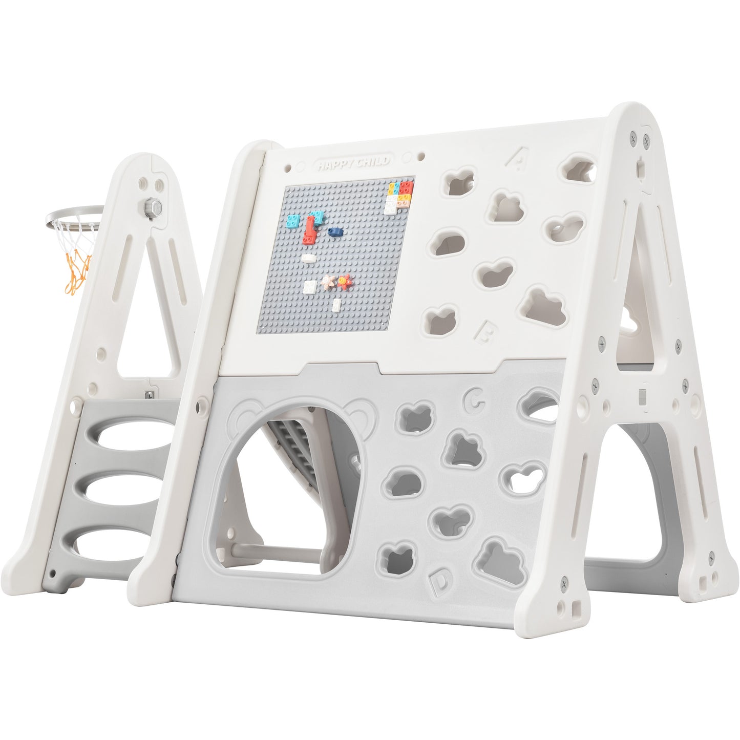 7-in-1 Toddler Climber and Slide Set - Kids Playground Climber Slide Playset with Tunnel, Whiteboard, Building Block Baseplates, and Basketball Hoop Combination - White, Compact Size