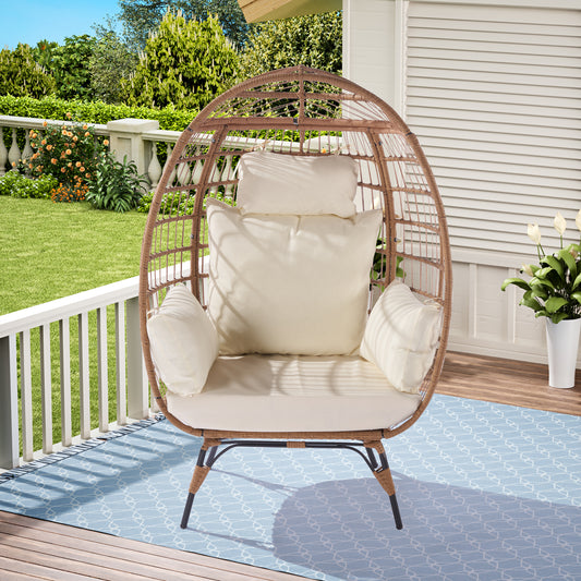 Wicker Egg Chair: Oversized Lounger for Patio, Backyard, Living Room - Steel Frame, 5 Cushions, Beige (440lb Capacity)