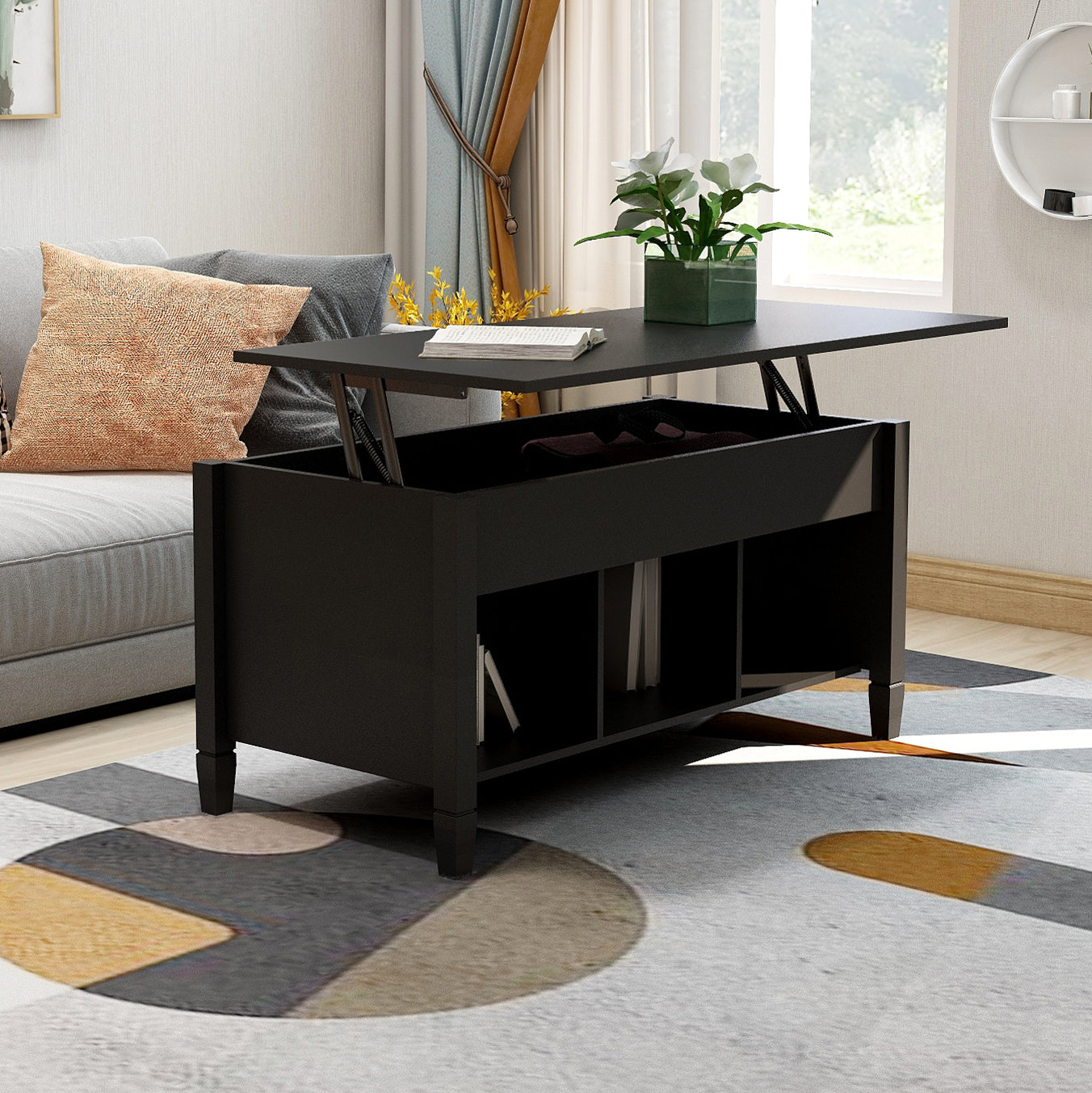 Lift Top Coffee Table - Black: Modern Design, Adjustable Height, Spacious Storage, Sturdy Construction, Elegant Finish