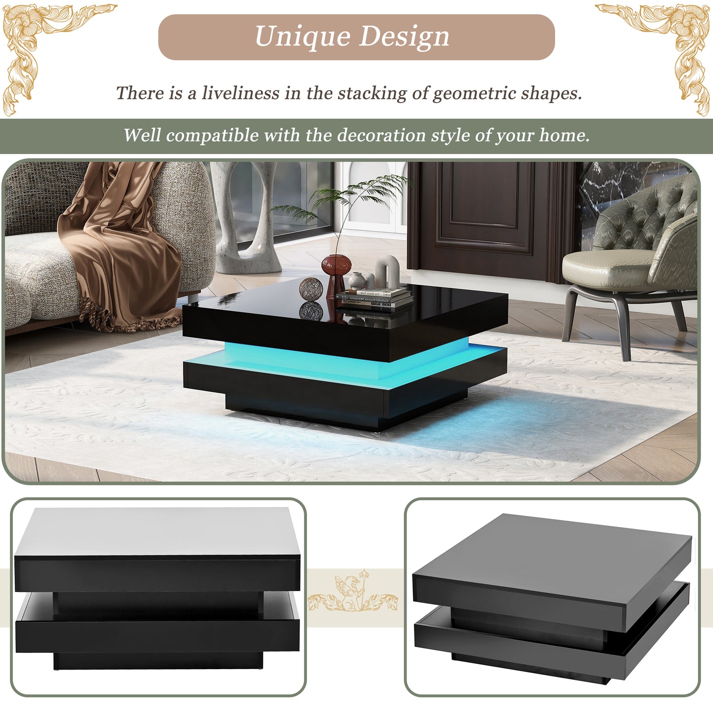 ON-TREND High Gloss 2-Tier LED Coffee Table for Living Room, 16-Color Lights, 31.5”x31.5”x14.2”, Black