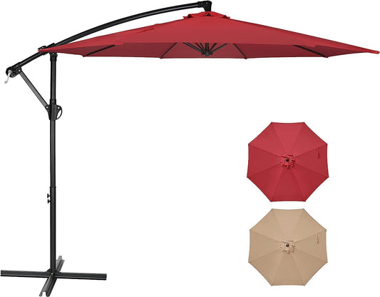 10ft Offset Umbrella Cantilever Patio Hanging Umbrella, Outdoor Market Umbrella with Crank & Cross Base for Garden, Lawn, Backyard, Deck - Red, 10ft Size