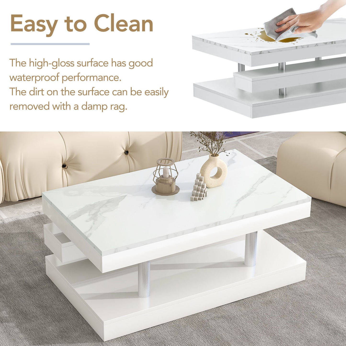 ON-TREND 2-Tier Coffee Table: Silver Metal Legs, Rectangle Cocktail Table with High-gloss UV Surface, Minimalist Design Center Table for Living Room, White