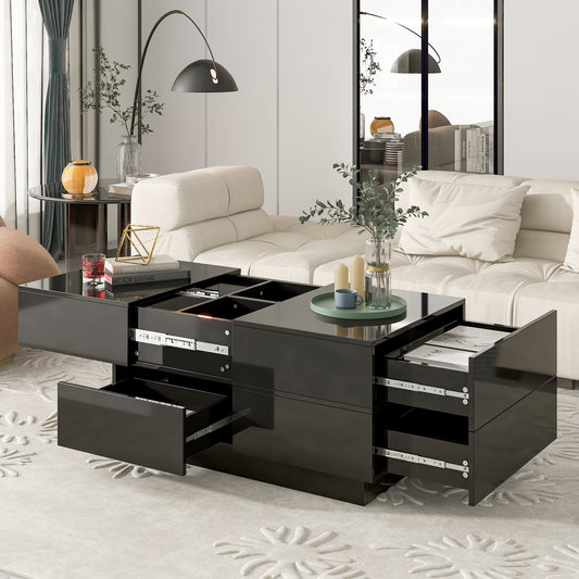 ON-TREND Extendable Coffee Table with 4 Drawers, Hidden Storage, UV High-gloss Center Table, Sliding Top, 35.4"x23.6", Black