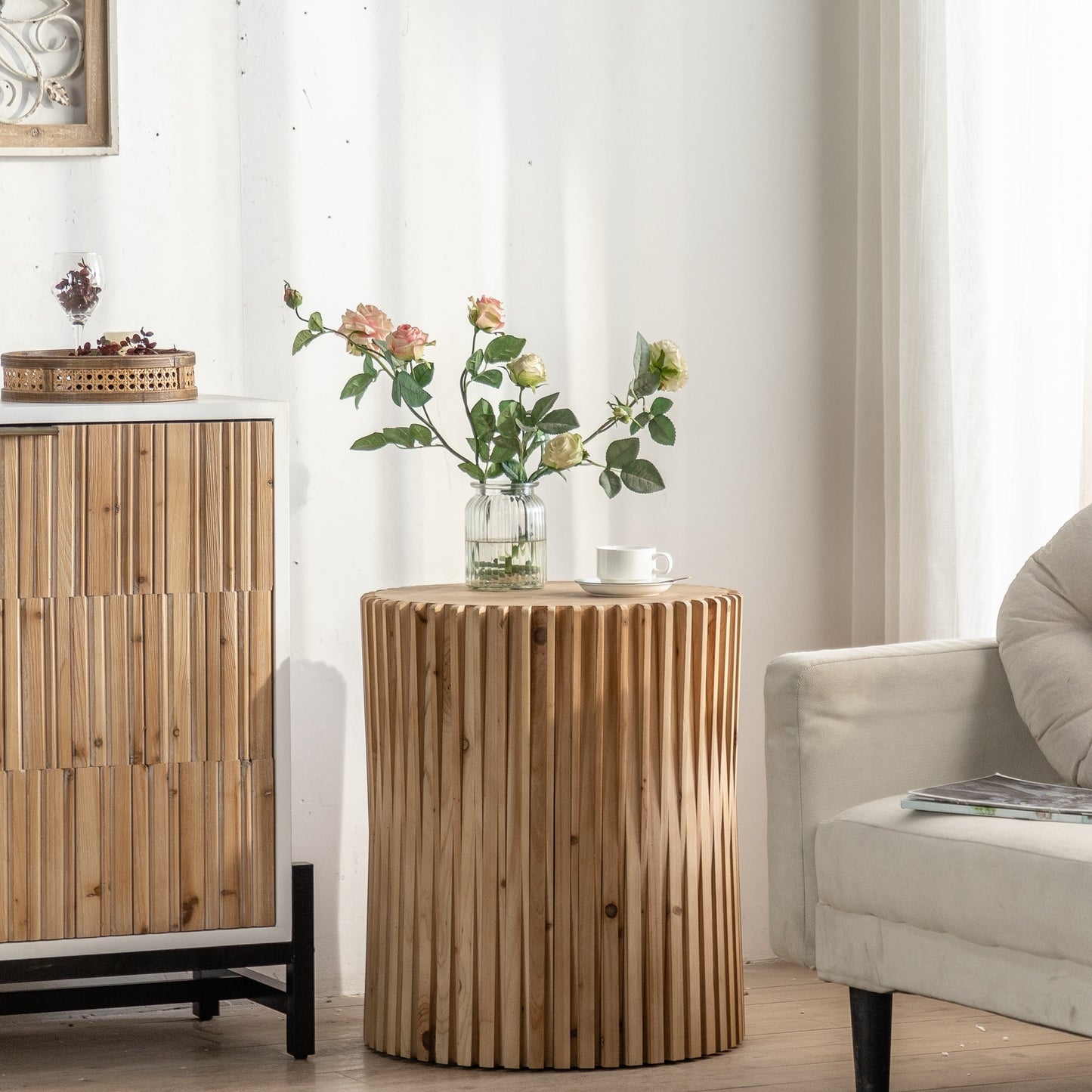 Retro Fashion Style Cylindrical Coffee Table with Vertical Texture Relief Design: Perfect for Living Room, Office, and Dining Room Décor - Available in Various Colors and Sizes!