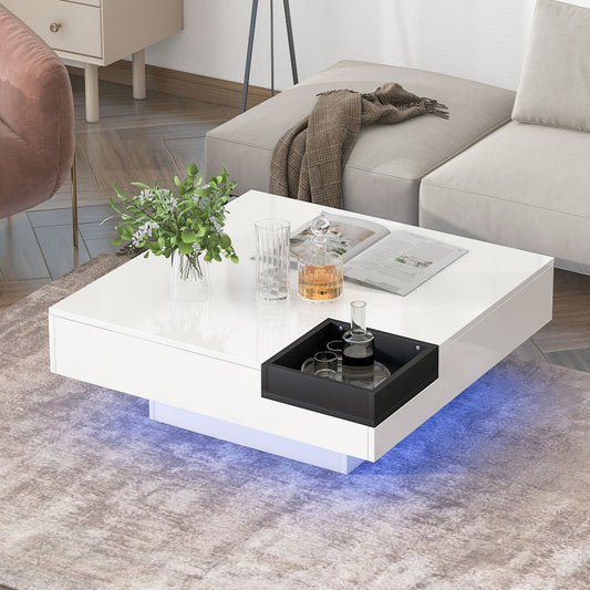 ON-TREND Modern Minimalist Design Square Coffee Table with Detachable Tray, LED Strip Lights Remote Control - 31.5*31.5in, 16-color - Living Room