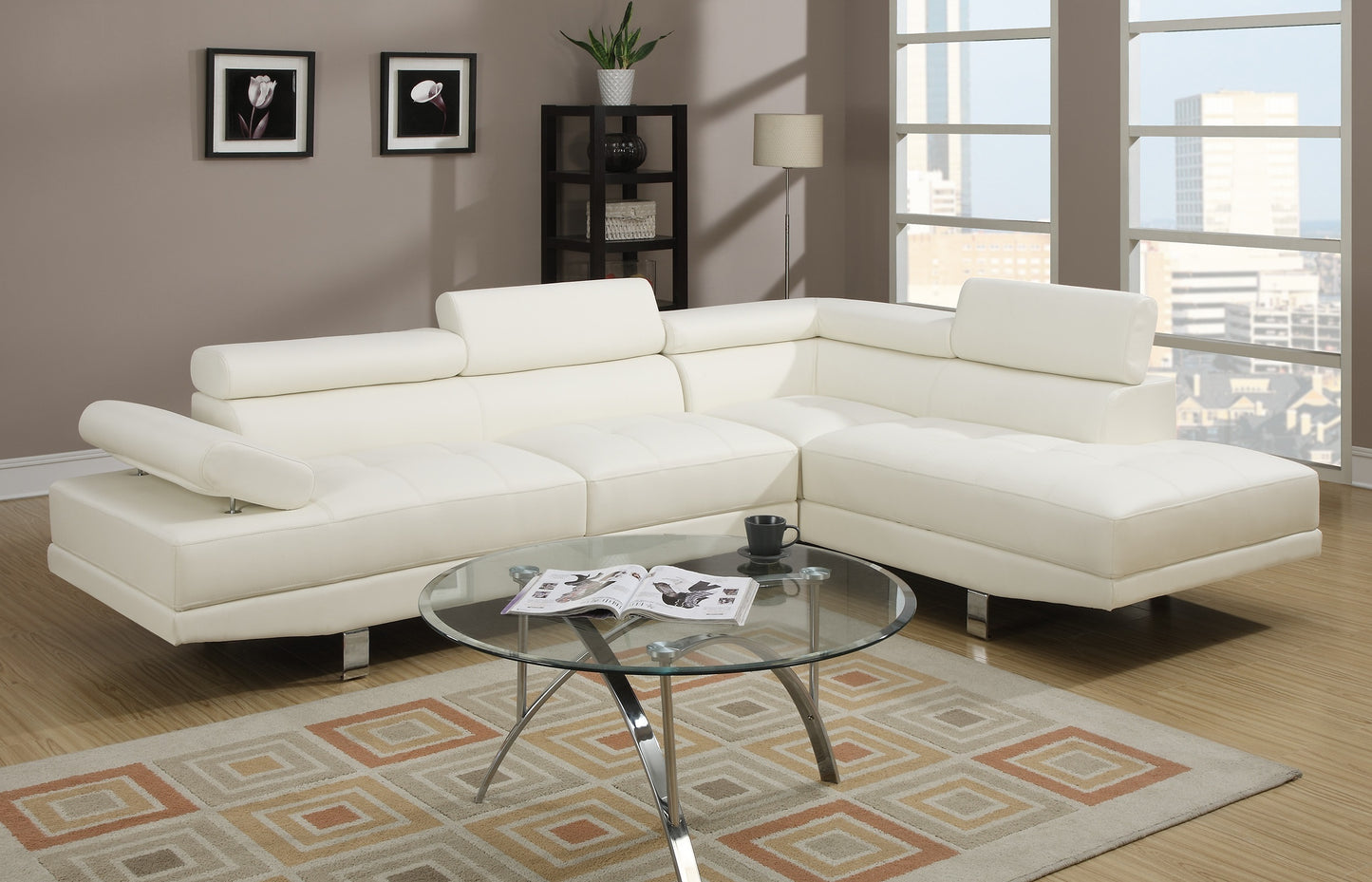 White Faux Leather Sectional Living Room Furniture with Adjustable Headrest - Right Facing Chaise & Left Facing Sofa (Color: White, Size: Sectional)