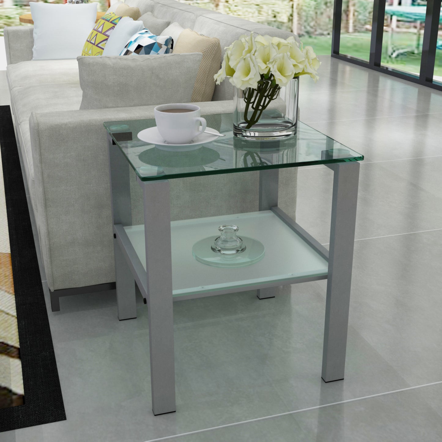 Glass Two Layer Tea Table - Small Round Bedroom Corner & Living Room Side Table - Grey, 220 Letters Max